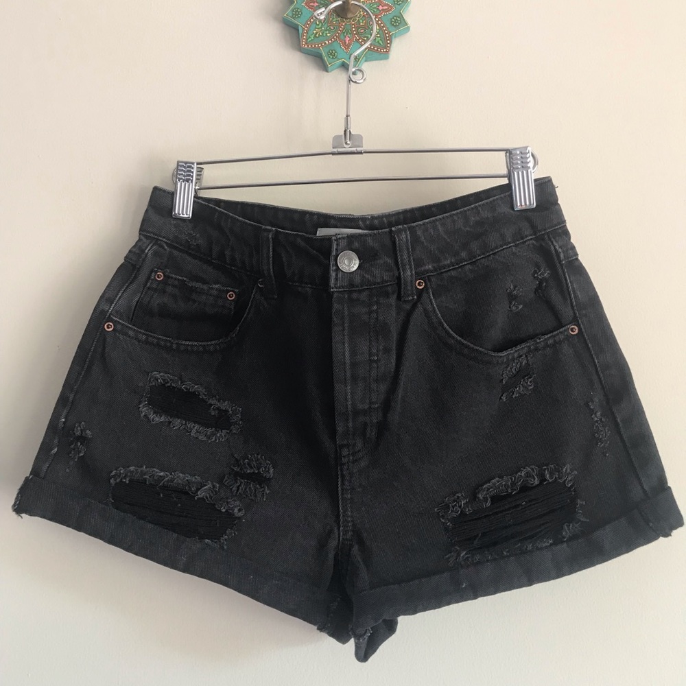 Distressed, high rise cuffed denim shorts, size 26